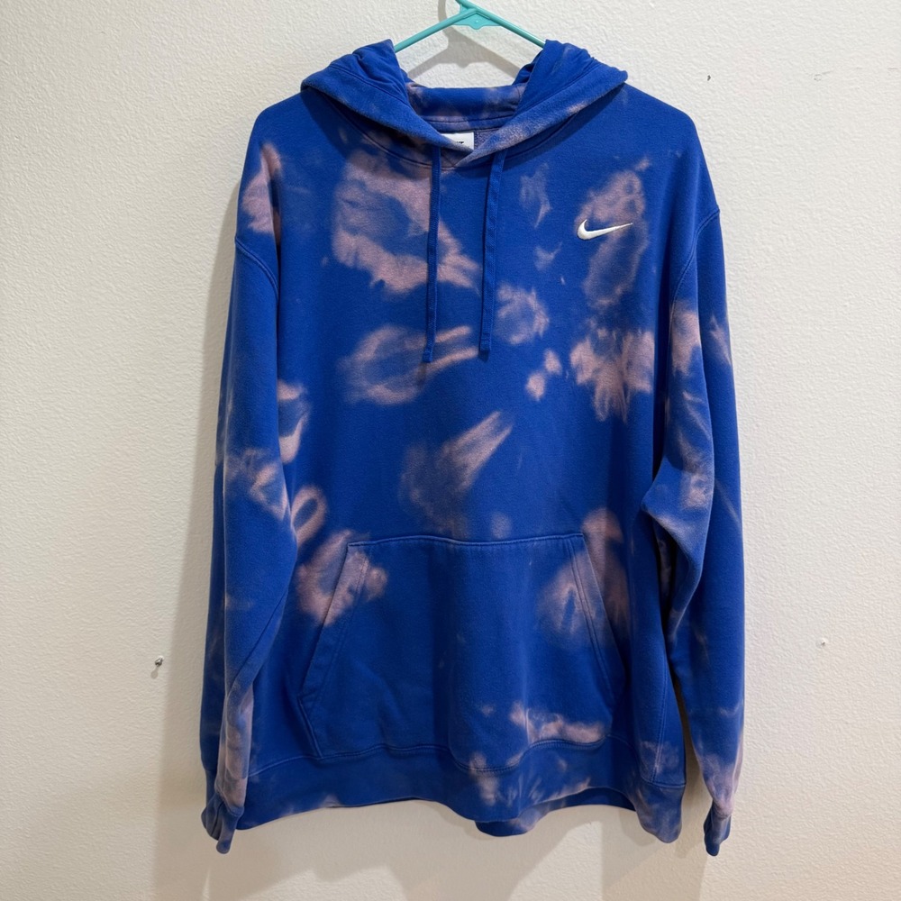 Nike Mens XXL Custom Bleach Dyed Hoodie Blue Tie Dye Swoosh Pullover Sweatshirt